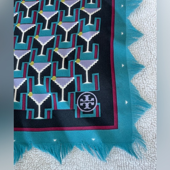 Tory Burch Martini Glass Art Deco Silk Neckerchief Square Scarf - 18” X 18” 💙🩵 - Picture 2 of 16